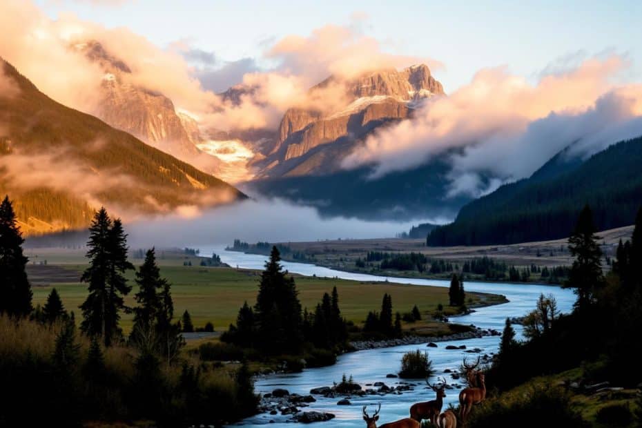 A breathtaking scene captures the essence of outdoor adventure: A tranquil valley cradles a winding river, bordered by majestic pine trees. Misty mountains in the backdrop glow warmly under the golden sunrise, inviting thoughts of an early morning hike. In the foreground, deer graze peacefully along the riverbank, embodying nature's serenity and inspiring awe in this pristine setting—a perfect backdrop for a camping escape or daydreams of hiking through untouched wilderness.