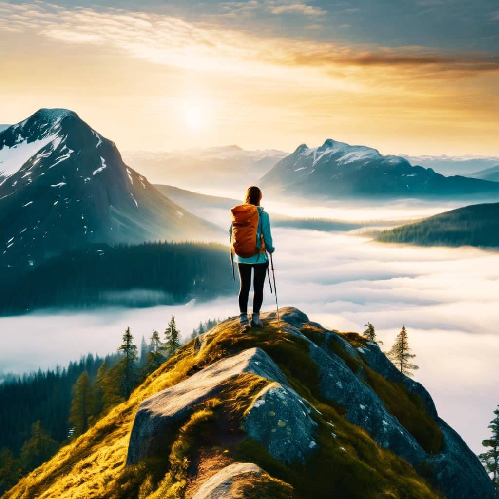 A hiker with a sturdy backpack stands triumphantly on a rugged summit, gazing at a breathtaking panorama. Mist-filled valleys weave between forested slopes and majestic snow-capped mountains, all illuminated by the warm glow of a setting sun. This serene moment captures the essence of outdoor adventure, embodying the spirit of camping and exploring untouched wilderness.