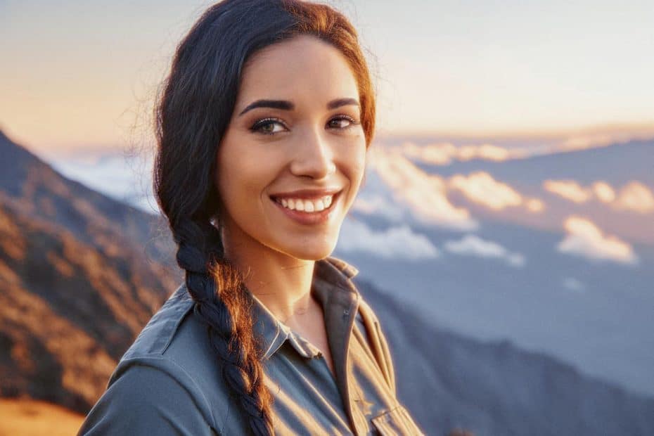 A woman with long, dark hair braided over one shoulder smiles radiantly against a breathtaking mountainous landscape illuminated by the soft glow of sunrise. Gentle clouds drift across the sky, enhancing the warm morning light. Clad in a practical yet stylish buttoned shirt, she perfectly captures the spirit of outdoor adventure and serenity in nature.
