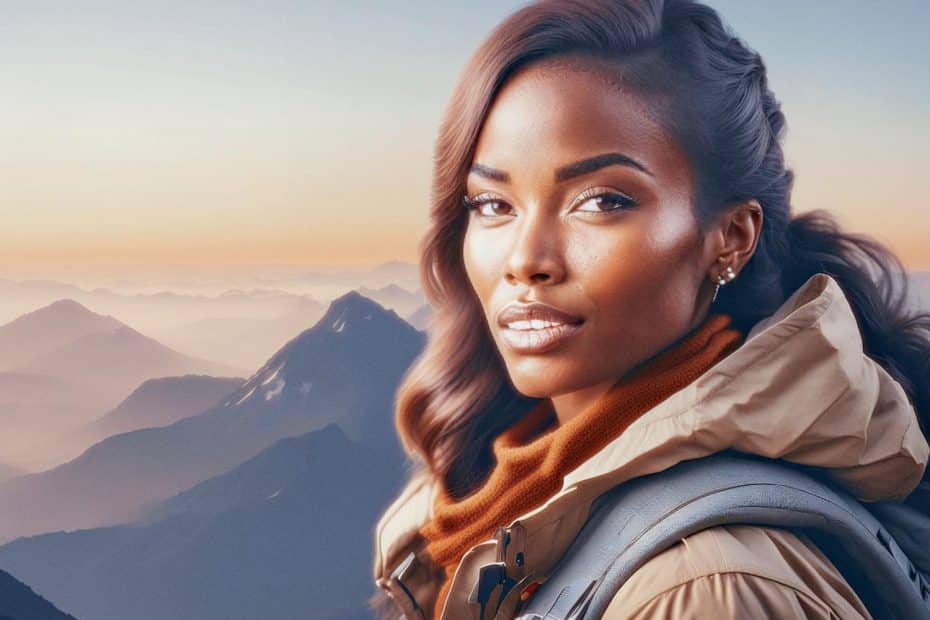 A woman with long, wavy hair stands confidently before a breathtaking mountainous landscape at sunrise. Dressed in a beige jacket and carrying a backpack brimming with camping gear, she embodies the spirit of adventure. The sky is a stunning gradient of orange fading into blue, casting misty shadows over the layered peaks. An exhilarating outdoor journey awaits her as she embraces the beauty and challenges of nature.