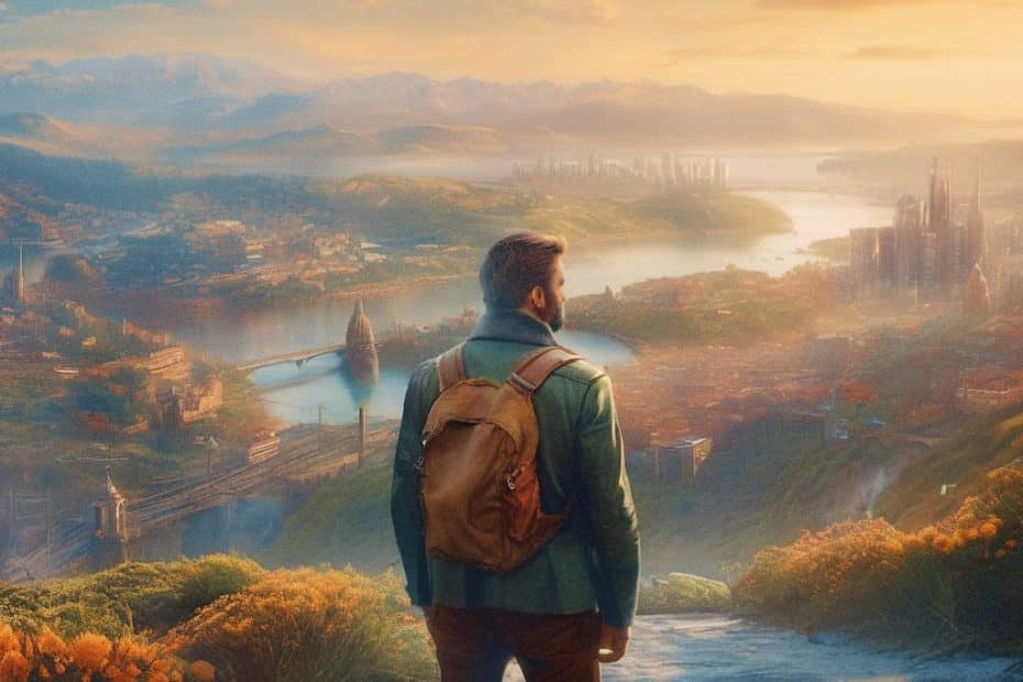 A hiker stands atop a hill, his backpack hinting at a long day's trek. Bathed in the glow of sunset, he gazes out over an expansive and vibrant panorama. Below him, sinuous rivers carve through lush greenery and rolling hills. Bridges span these waterways, leading the eye toward a distant city where modern skyscrapers rise majestically against the horizon. This breathtaking view is a testament to the unparalleled joys of camping, outdoor exploration, and hiking adventures that blend natural splendor with urban marvels.