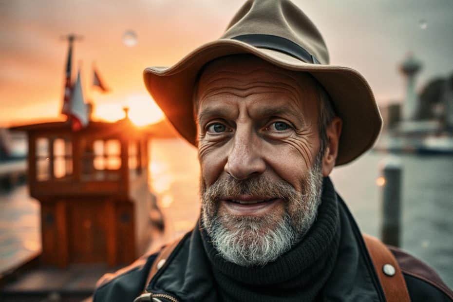 A beaming older man with a distinguished gray beard and a stylish brown fedora stands proudly before a rustic wooden boat at sunset. Clad in rugged outdoor gear, including a black jacket over a cozy turtleneck, he embodies the spirit of adventure. Behind him, the serene dock and tranquil waters bask in the golden glow of dusk, capturing the essence of an enchanting evening spent exploring nature's beauty.