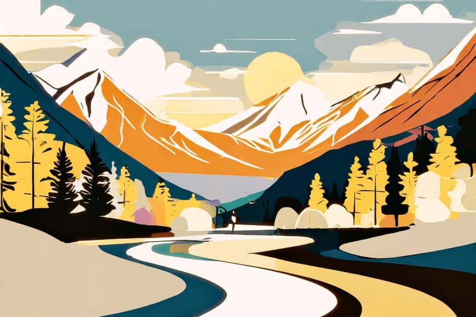 Alt text: Captivating illustration of a serene mountain landscape with beginner-friendly hiking trails weaving through a vibrant forest in full autumn bloom. In the foreground, a crystal-clear river meanders gracefully, embraced by golden and crimson foliage. The backdrop features majestic snow-capped peaks punctuating the horizon under a partly cloudy sky, gently illuminated by the warm hues of a setting sun. This idyllic scene invites outdoor enthusiasts to embark on an enchanting adventure amidst nature’s splendor.