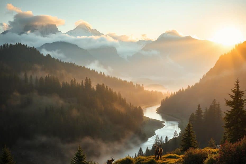 A tranquil mountain valley at sunrise reveals nature's splendor with a meandering river cutting through dense pine forests and mist-kissed peaks standing tall in the distance. In the foreground, two deer, embodying the local wildlife, grace a grassy slope awash in golden sunlight. Perfect for avid campers, hikers, and outdoor enthusiasts who seek solace and wonder in scenes of untouched wilderness.