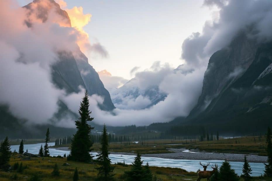 In the serene beauty of dawn, a majestic mountainous landscape emerges, with misty clouds weaving through rugged peaks. A winding river reflects the first light of day as it meanders through the valley, capturing the soul of the wilderness. In the grassy foreground, a lone elk stands tall and regal, embodying the spirit of untamed nature. This tranquil scene invites adventurers to imagine themselves immersed in outdoor life, where every step on a hike offers breathtaking vistas and endless inspiration for those seeking solace in nature's embrace.