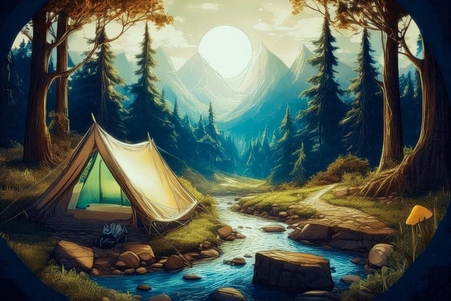 A tranquil campsite nestled by a gently flowing creek in the heart of a lush forest, surrounded by towering trees that frame a breathtaking view of distant mountain peaks under a vibrant sky. The tent warmly glows with the promise of comfort, revealing inside a cozy Therm-a-Rest Parsec sleeping bag, evoking the serenity and beauty of outdoor life at the golden hours of sunrise or sunset. Perfectly capturing the essence of adventure and tranquility in nature's embrace.