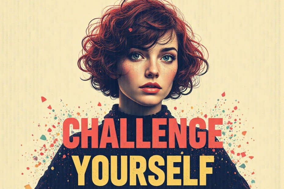 A woman with short, wavy red hair stands before bold “CHALLENGE YOURSELF” text, evoking the adventure of outdoor hiking.