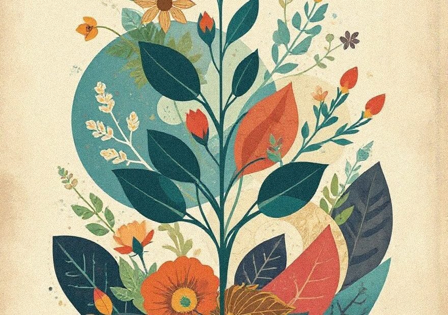 Vibrant illustration of multicolored flowers and leafy branches arranged above the phrase “GROW GENTLY,” all set on a subtly textured beige background. The artwork evokes the tranquility and renewal found in exploring new hiking trails, encouraging hikers and campers to embrace nature’s slow rhythms and nurture personal growth with each outdoor adventure.