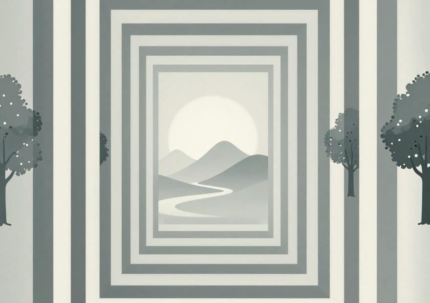 A grayscale geometric tunnel of concentric rectangles frames sunlit hills, trees, and a river—a scene evoking hiking and camping adventures.