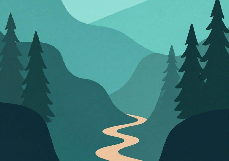A scenic hiking trail curves through tall pines and rolling hills, evoking a tranquil camping adventure in soft, muted colors.