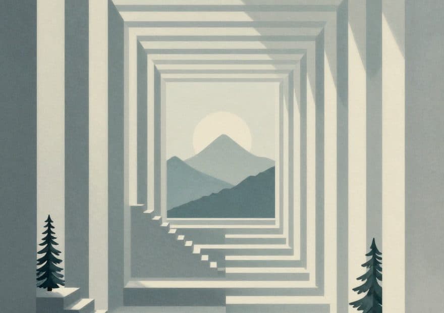 A geometric hallway with arched passages and stairs, flanked by pine trees, leading toward sunlit mountains—evoking a hiking adventure.