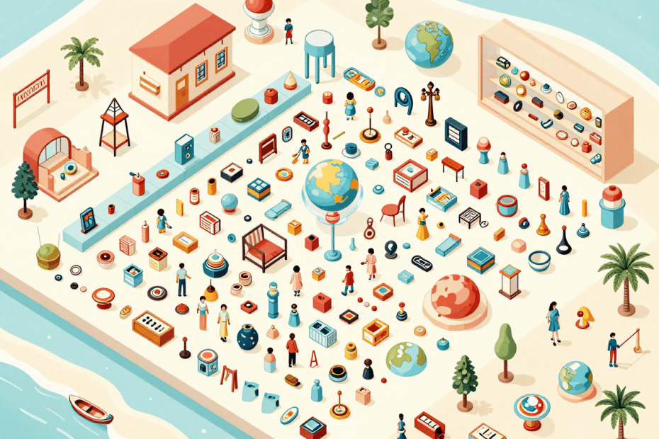 Isometric illustration of a lively beachside marketplace scene, where people explore outdoor stalls filled with camping gear and hiking essentials, set among benches and leafy trees. Globes, backpacks, lanterns, and assorted equipment are neatly arranged on sandy ground in a grid-like layout beside the shimmering waterfront, evoking the spirit of adventure and outdoor living.