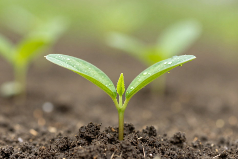 A vibrant green seedling with two delicate leaves emerges from damp, earth-toned soil speckled with glistening water droplets, a scene reminiscent of fresh beginnings on a morning hike through lush wilderness; softly blurred foliage in the background evokes the serenity and renewal found after camping overnight in nature.