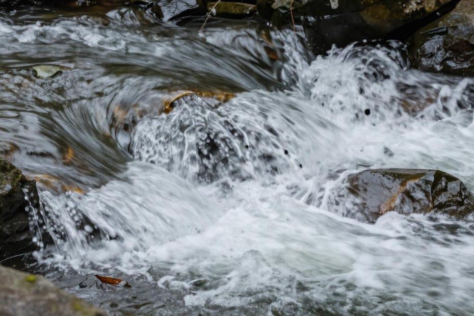 A crystal-clear stream rushes over smooth rocks, its swift current creating cascades of white foam—an inviting sight for hikers and campers who pause to enjoy the lively motion and soothing sounds of water weaving through the rugged, natural landscape.