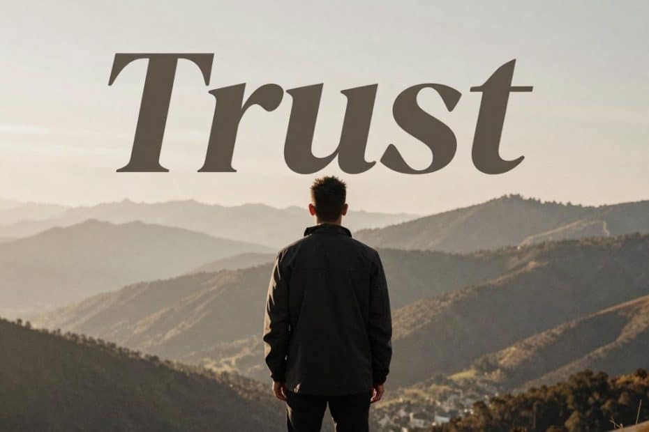 A lone hiker stands at the edge of a ridge, gazing toward majestic, distant mountains beneath a vast sky emblazoned with the word "Trust" in bold letters overhead—capturing the spirit of outdoor adventure and self-reliance amid nature’s grandeur.