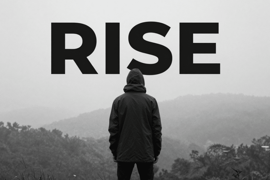 A person in a hooded jacket stands at the edge of mist-covered hills, gazing out into the early morning landscape. Above the serene scene, bold black letters spelling "RISE" float in the sky, evoking a spirit of adventure and renewal in the great outdoors—perfectly capturing the promise and inspiration of a new day for campers and hikers.