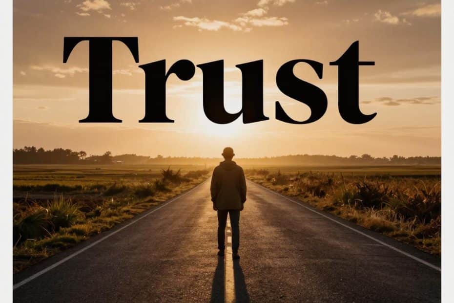 A lone hiker stands on a quiet country road at sunset, gazing toward the glowing horizon as warm light bathes the landscape. Above their head, the word "Trust" appears in bold black letters, evoking themes of confidence and faith in outdoor adventures and the journey ahead.