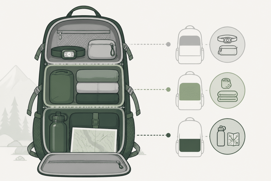 A neatly packed hiker’s backpack is opened to reveal essential camping gear: a headlamp, first aid kit, snacks, extra clothing layers, a water bottle, and a trail map. Every item is stowed in its own clearly designated compartment for quick access during outdoor adventures.