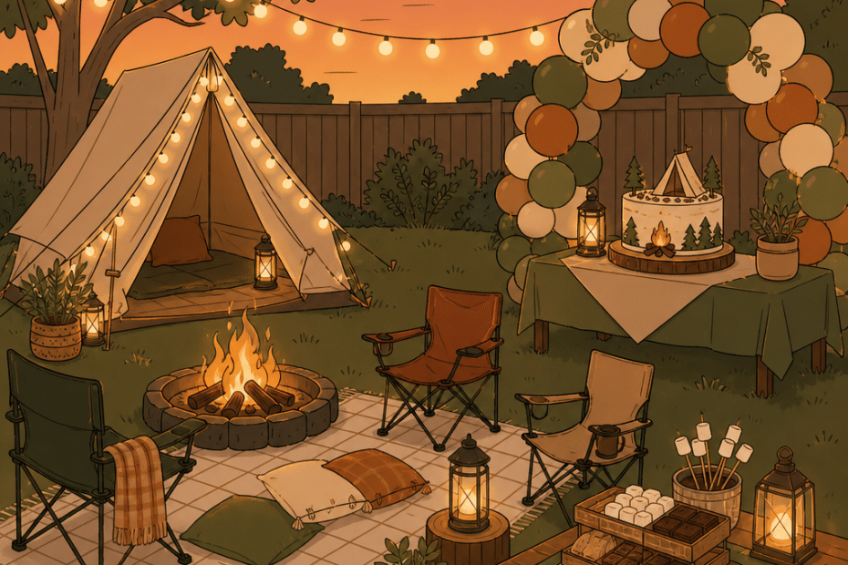 A picturesque backyard campsite glows at sunset, featuring a pitched tent and flickering campfire surrounded by string lights that add a magical touch. Decorated tables brim with snacks and are encircled by cozy chairs, creating an inviting outdoor haven perfect for sharing stories and enjoying the spirit of camping life under the open sky.