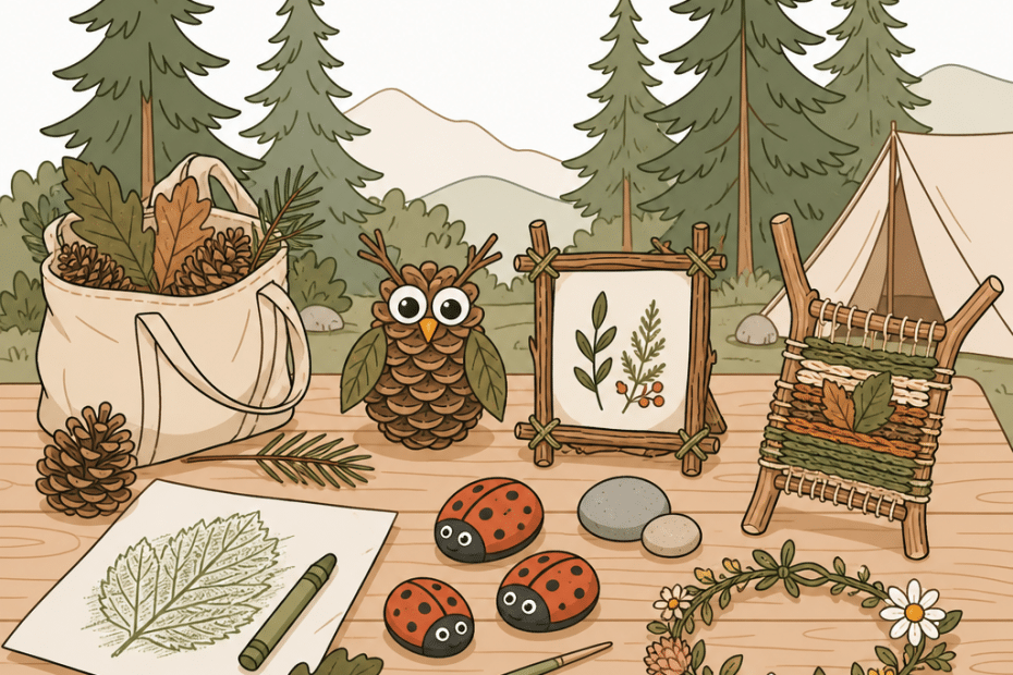 An inviting wooden table set beneath the trees showcases an array of handmade nature crafts—vivid leaf art, whimsical pinecone creatures, painted stones, a delicate flower crown, framed plant specimens, and woven patterns. Behind the creative display, a pitched tent hints at life at a campsite, capturing the adventurous spirit and creativity inspired by hiking and outdoor living.